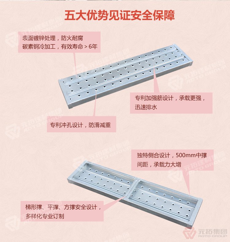 元拓 鍍鋅鋼跳板 鍍鋅鋼踏板 高強(qiáng)度防滑踏板 優(yōu)質(zhì)低價(jià) 五大優(yōu)勢(shì)見(jiàn)證安
全保障，表面鍍鋅處理，防火耐腐，碳素鋼冷加工，壽命大于6年，加強(qiáng)筋設(shè)計(jì)，專(zhuān)業(yè)沖孔，防滑設(shè)計(jì)，